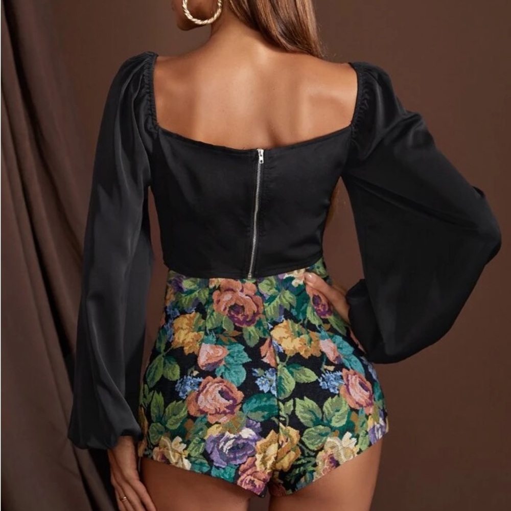 Black zip Crop Blouse & Multi Colored High Waisted Shorts - Picture 11 of 11